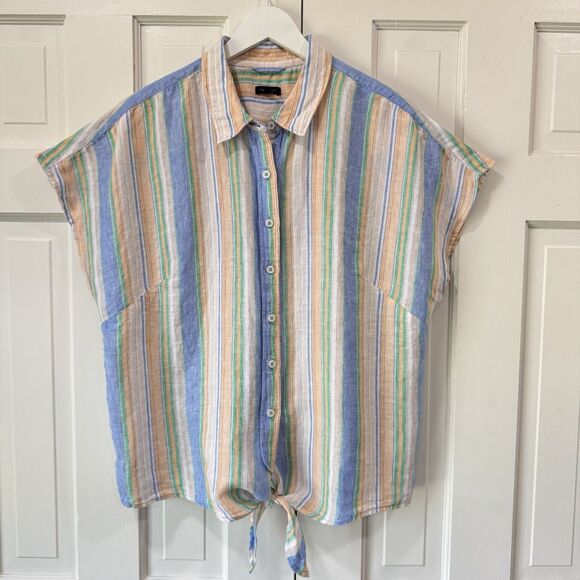 Talbots Linen Top XL Multicolored Stripe Tie Front Cap Sleeve Oversized Button - Picture 2 of 10